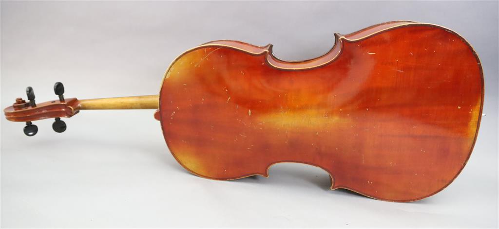 A late 19th/early 20th century German cello, labelled Schutz HD junior Marke, length of back 77cm